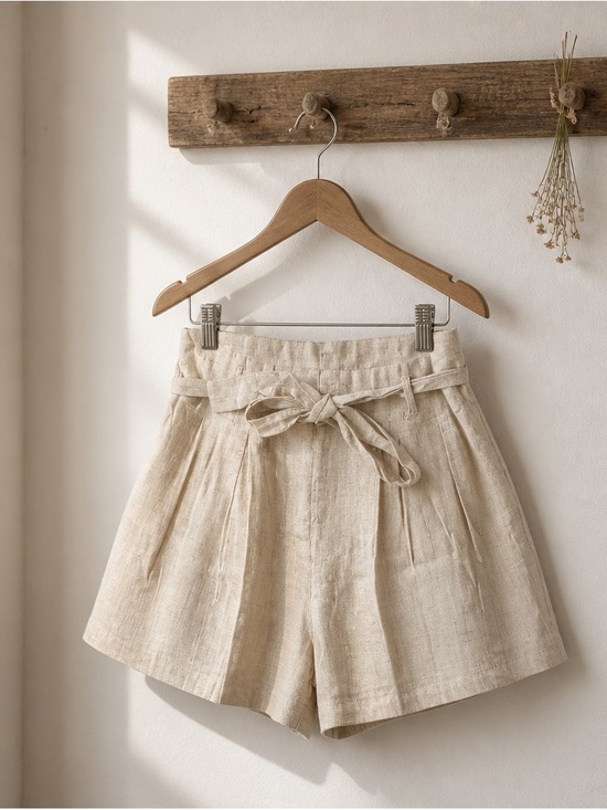 Aaron & Amber Pants - Aaron & Amber High-Waist Paperbag Shorts with Belt in Light Beige